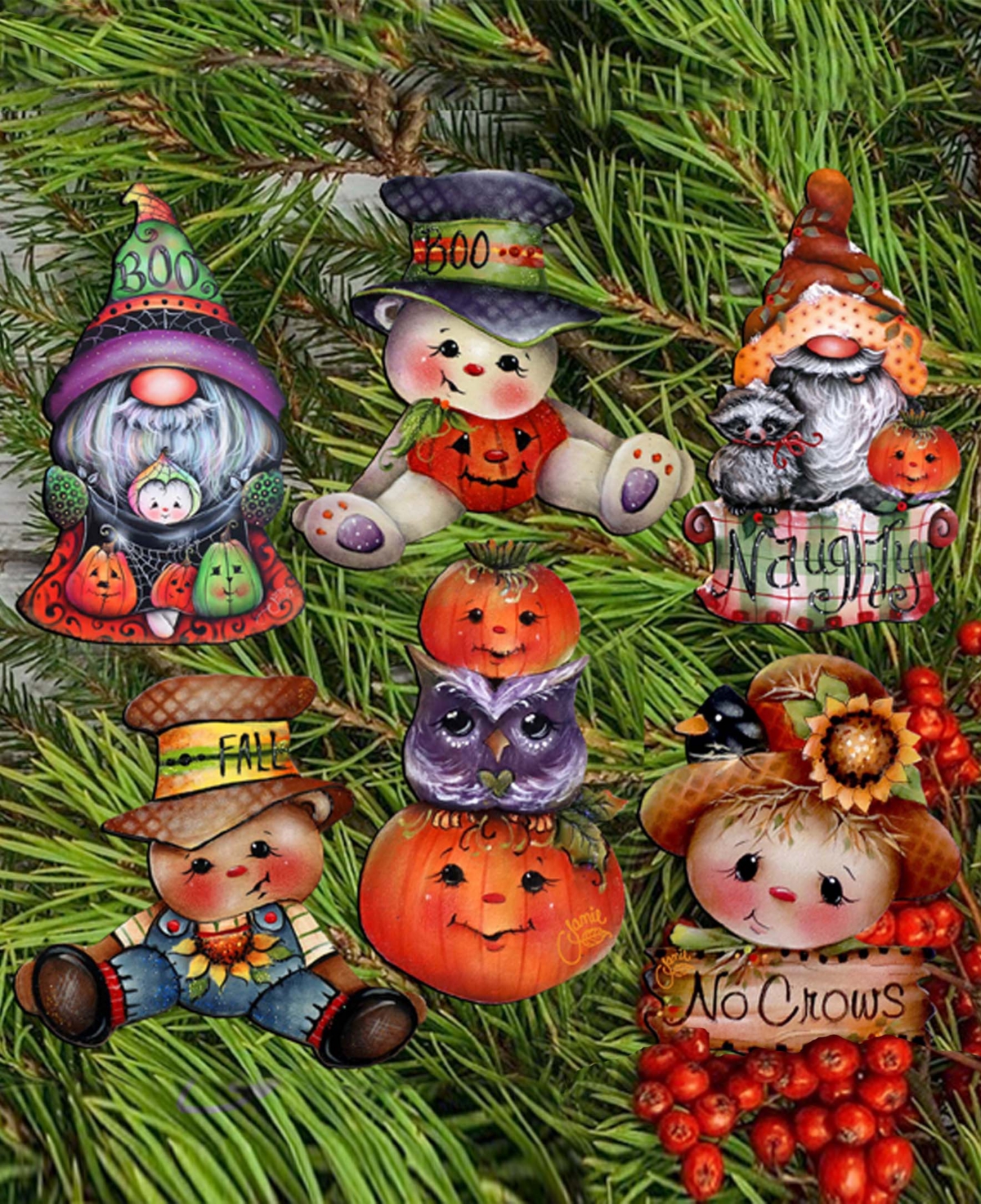 Designocracy Holiday Wooden Clip-on Ornaments Pumpkin, Scarecrow, Gnome Set Of 6 J. Mills-price In Multi Color