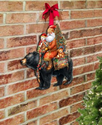 Santa Claus and Black Bear Christmas Door Decor Wooden Wall Decor G. DeBrekht