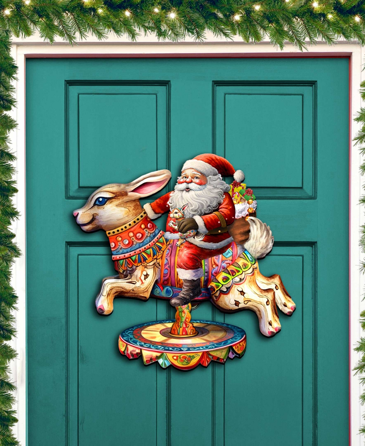 Shop Designocracy Christmas Santa Carousel Christmas Wooden Door Decor Wall Decor G. Debrekht In Multi Color