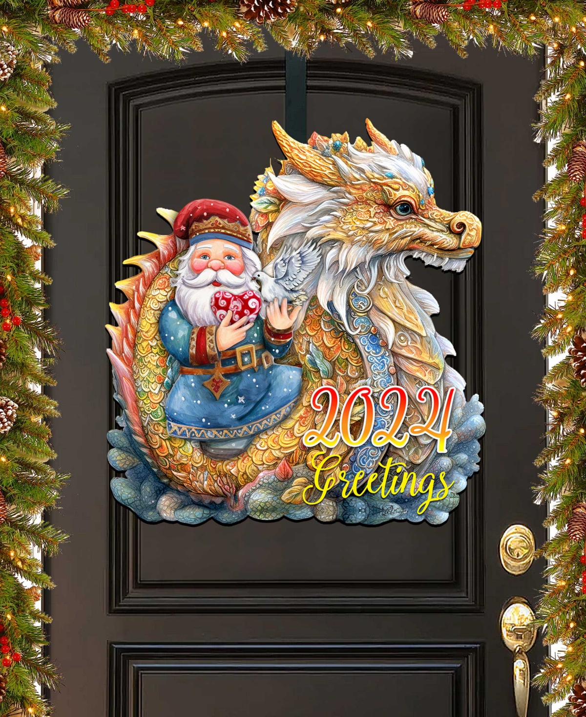 Designocracy Santa With Dragon Christmas Wooden Door Decor Wall Decor G. Debrekht In Multi Color