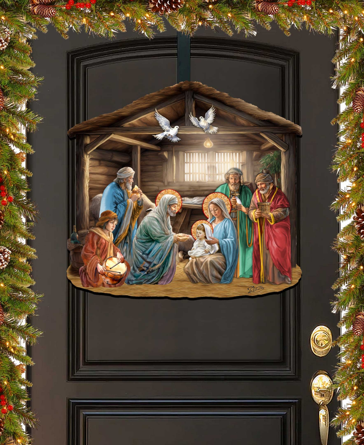 Designocracy Nativity Scene Christmas Wooden Door Hanger Door Decor G. Debrekht In Multi Color