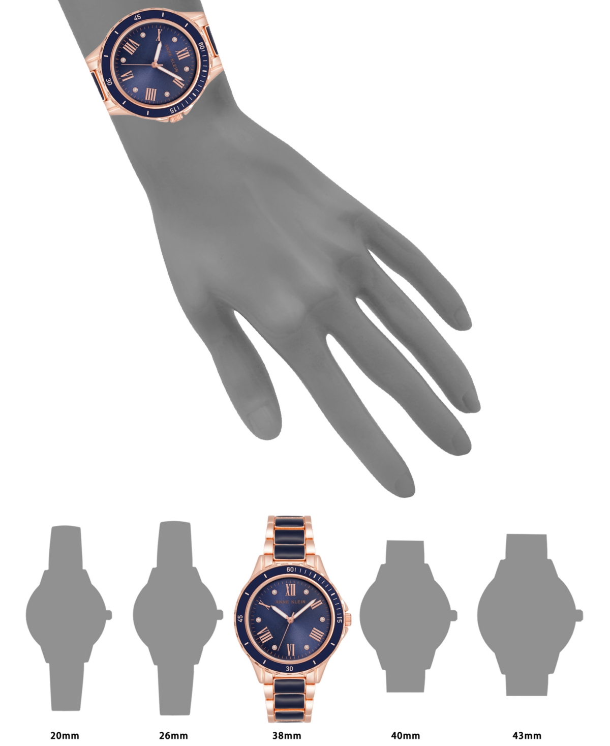 Anne Klein Women's Three Hand Quartz Navy Enamel and Rose Gold-tone Alloy Bracelet Watch, 38mm - Navy-Rose Gold-Tone