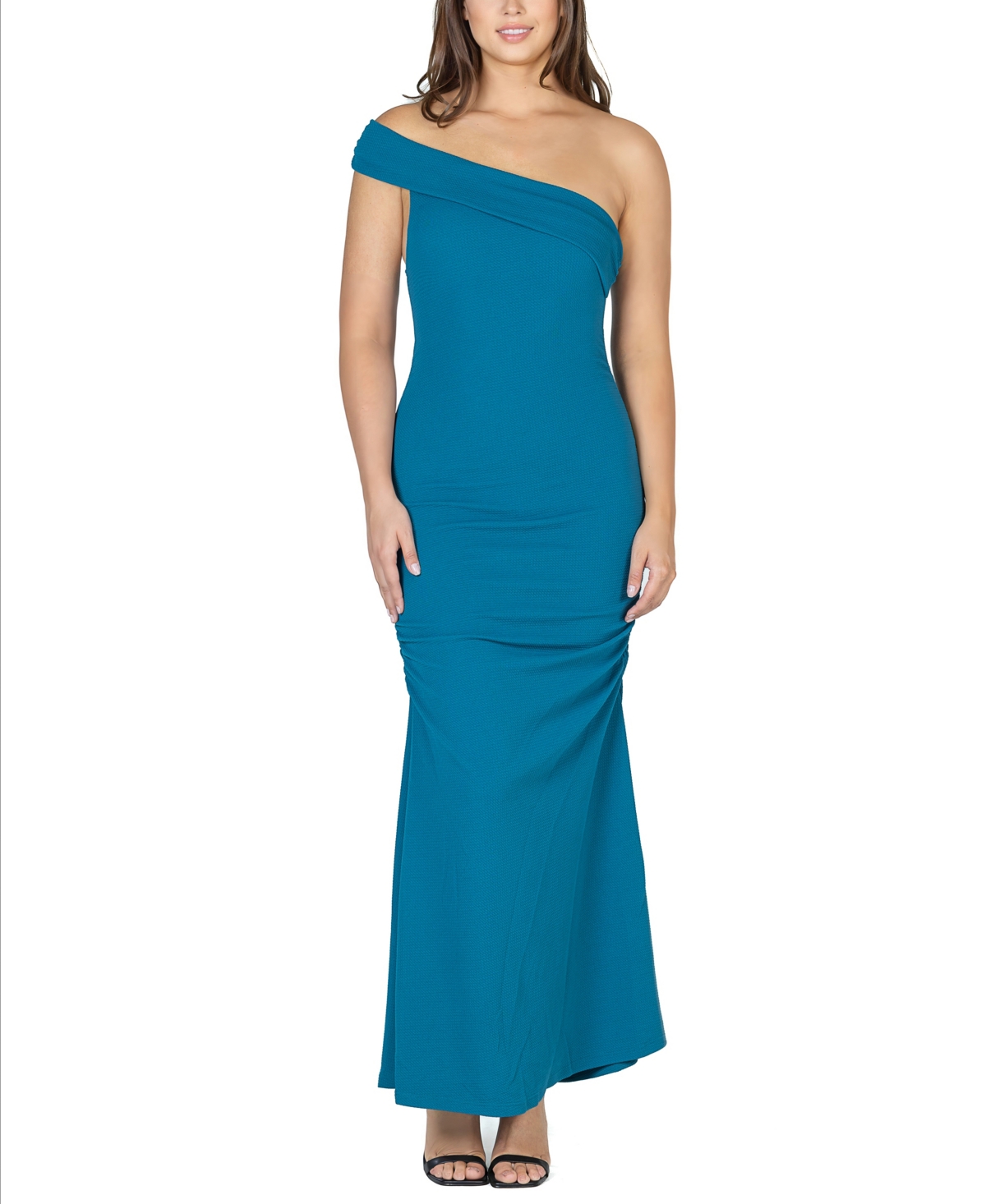 24seven Comfort Apparel Women's Party One Shoulder Rouched Maxi Dress In Teal
