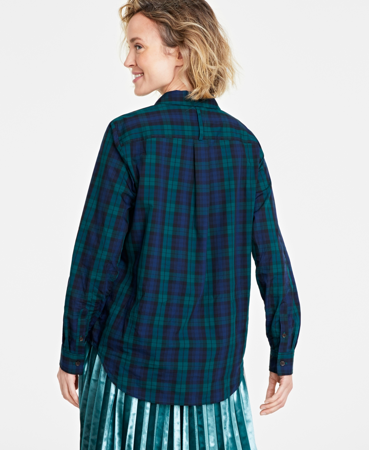 Shop On 34th Women's Cotton Plaid Button-front Shirt, Created For Macy's In Dark Forest Combo