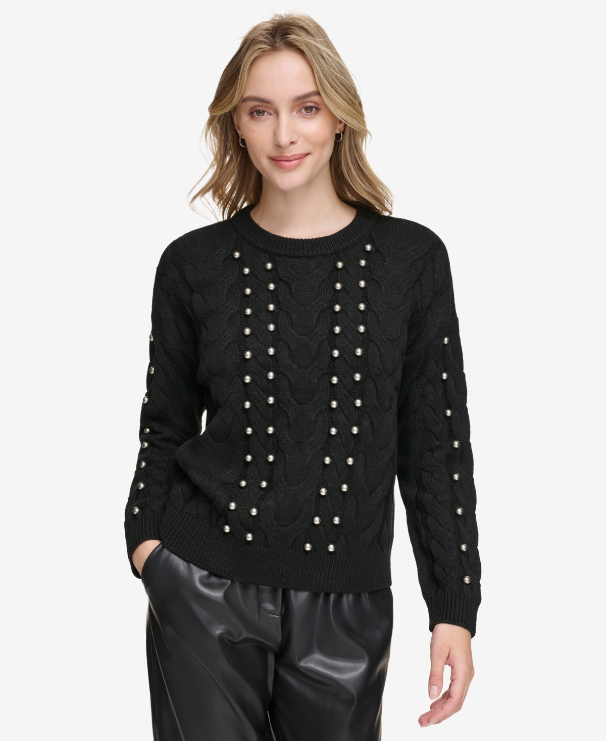 Calvin Klein Women's Metal Stud Cable-knit Sweater In Black