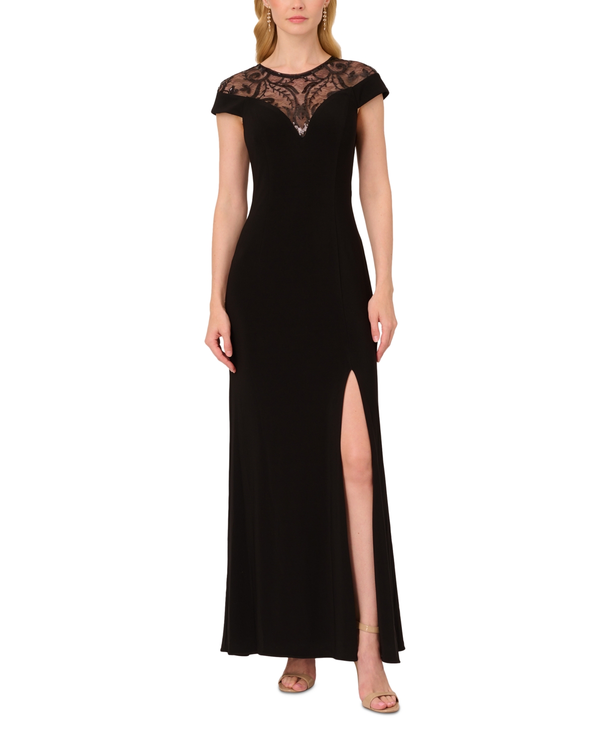 Adrianna Papell Women's Sequin-lace Side-slit Gown In Black