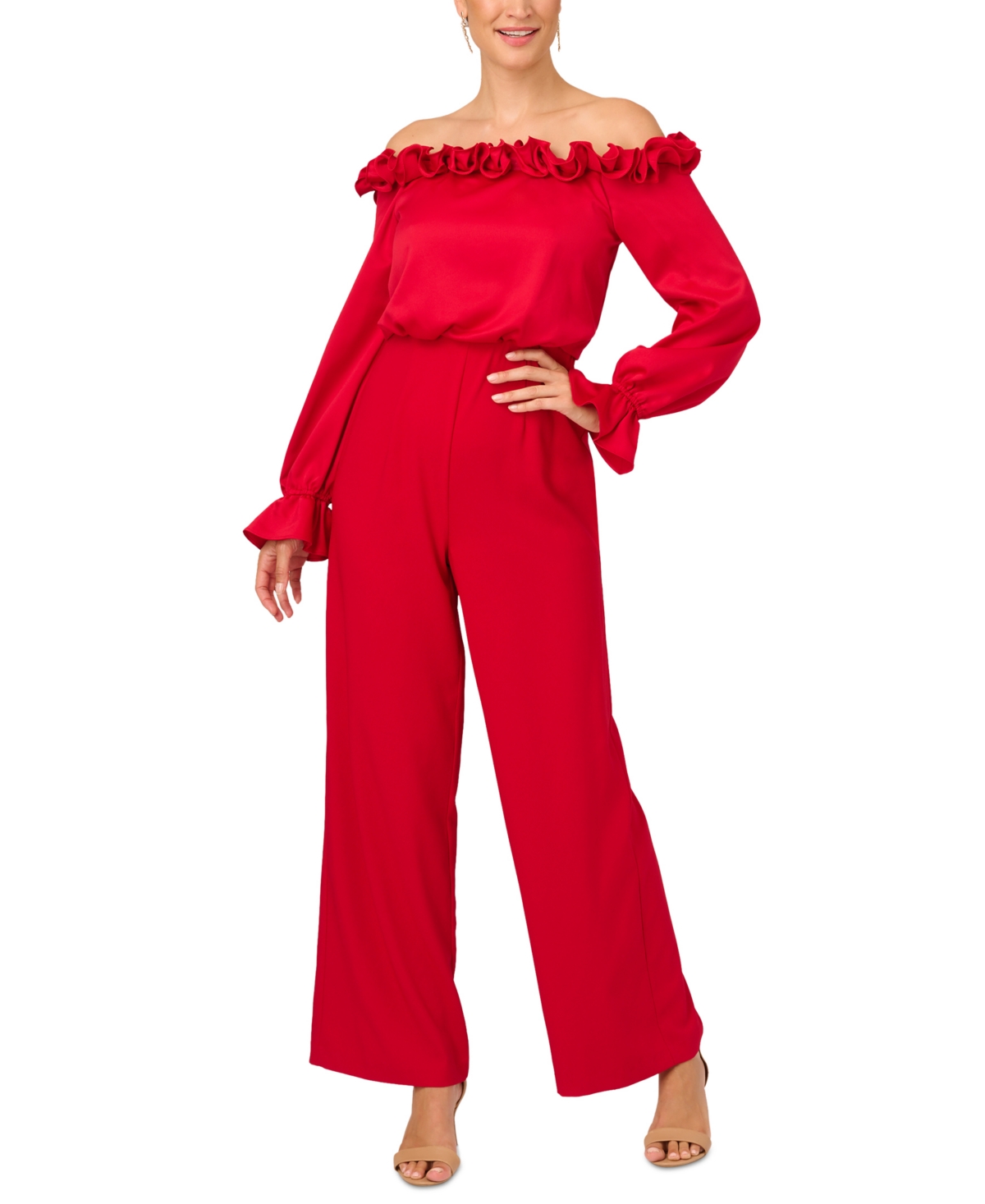Adrianna Papell Women's Off-the-shoulder Satin Jumpsuit In Hot Ruby