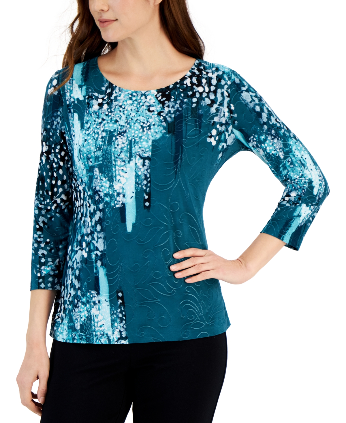 Jm Collection Plus Size Printed 3/4-sleeve Top, Created For Macy's