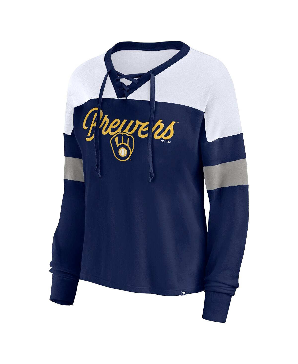 Shop Fanatics Women's  Navy, White Milwaukee Brewers Even Match Lace-up Long Sleeve V-neck T-shirt In Navy,white