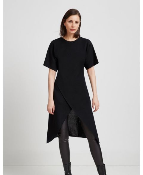 Женский свитер Marcella Koya Merino Wool Faux-Wrap Asymmetric-Hem Sweater Tunic, цвет: Чёрный