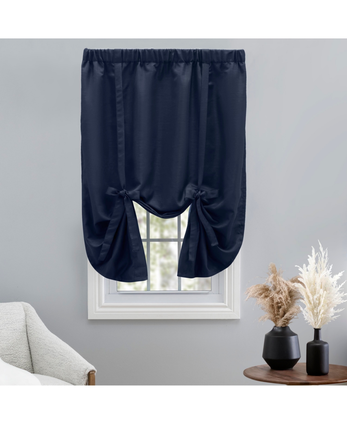 Grasscloth Lined Rod Pocket Tie-Up Curtain Panel 54"W x 63"L - Navy