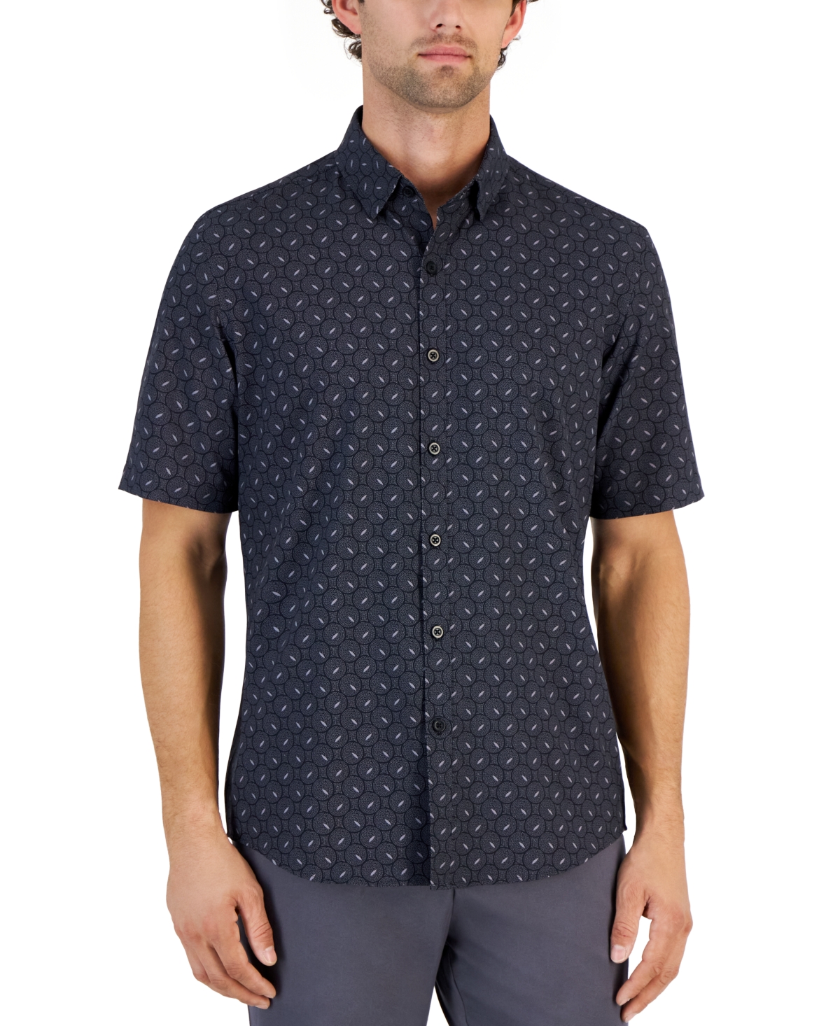 Alfani Men's Alfatech Geometric Dot Stretch Button-up Short-sleeve Shirt, Created For Macy's In Deep Black Combo