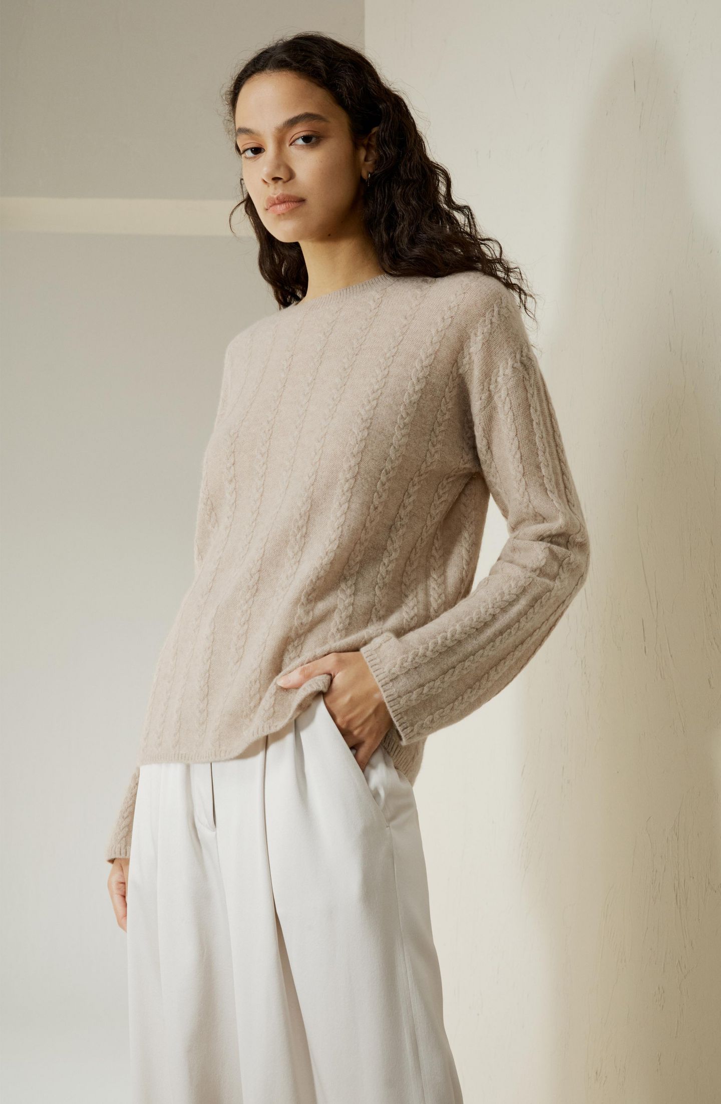 Женский свитер LILYSILK Semi-Sheer Cable-knit Cashmere, цвет: Бежевый — фото 12