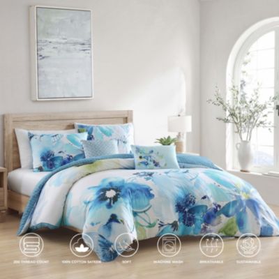 Bebejan Watercolor Blue Bedding 100% Cotton 5-Piece King Size ...