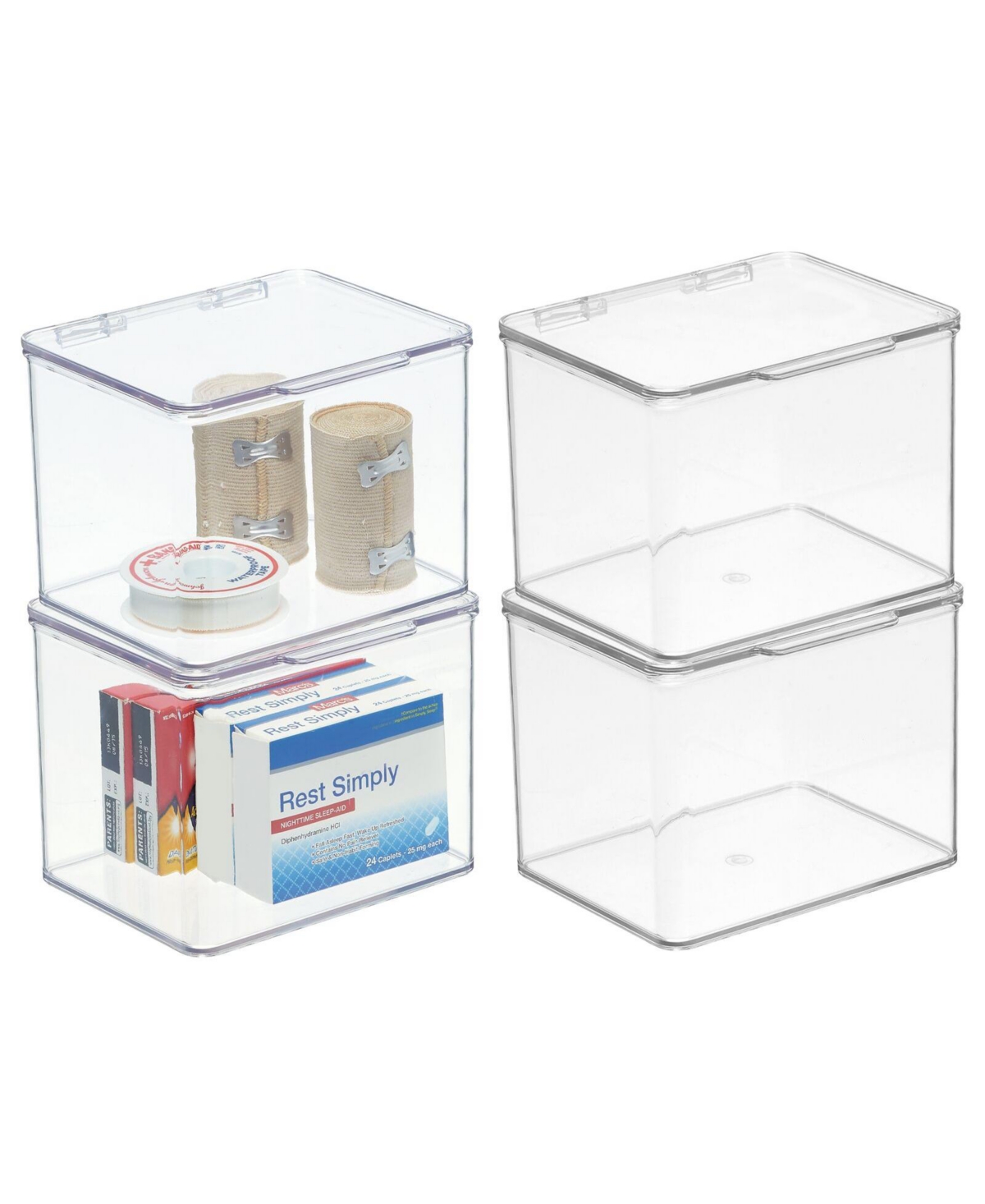 Plastic Bathroom Vanity Storage Organizer Box, Hinged Lid, 4 Pack, Clear - Clear