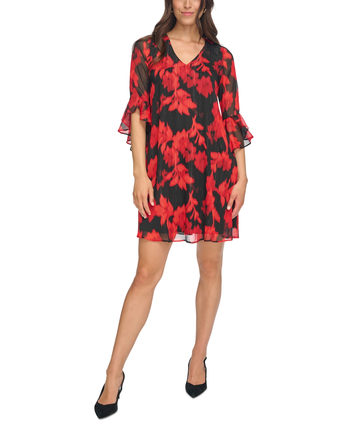 Calvin Klein Women's Floral-print Bell-sleeve Shift Dress In Black Red