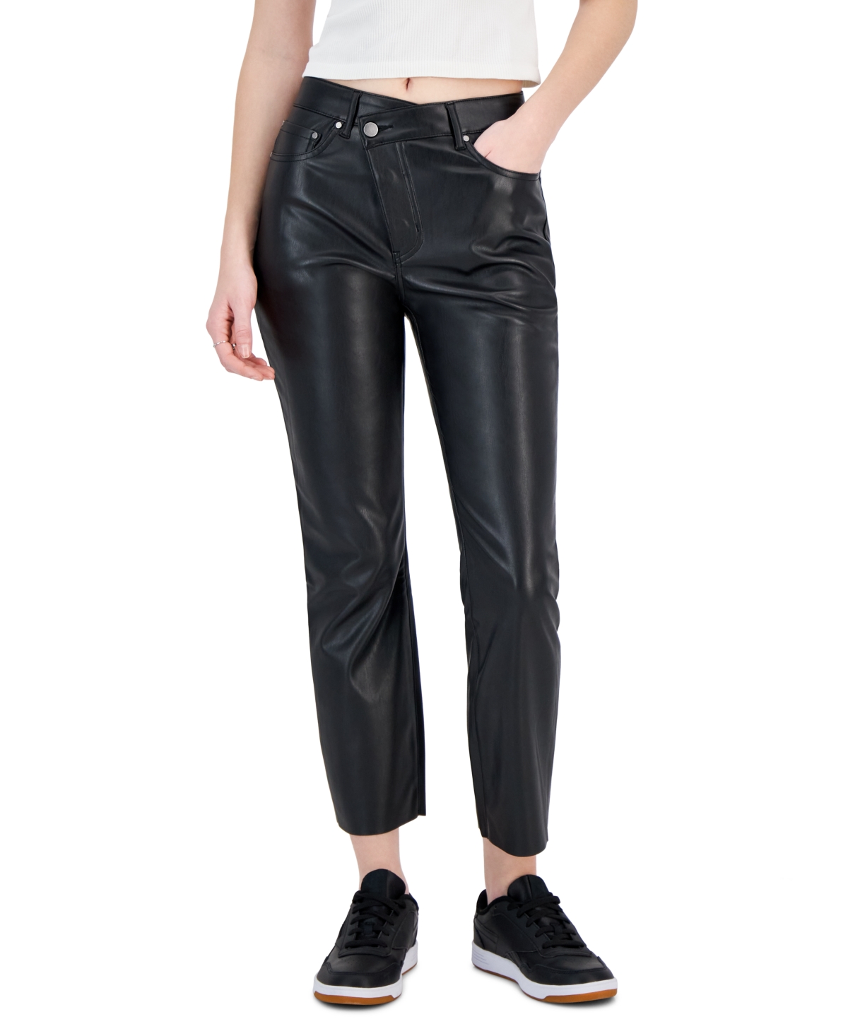 Shop Tinseltown Juniors' Asymmetrical-waist Faux Leather Ankle Jeans In Black