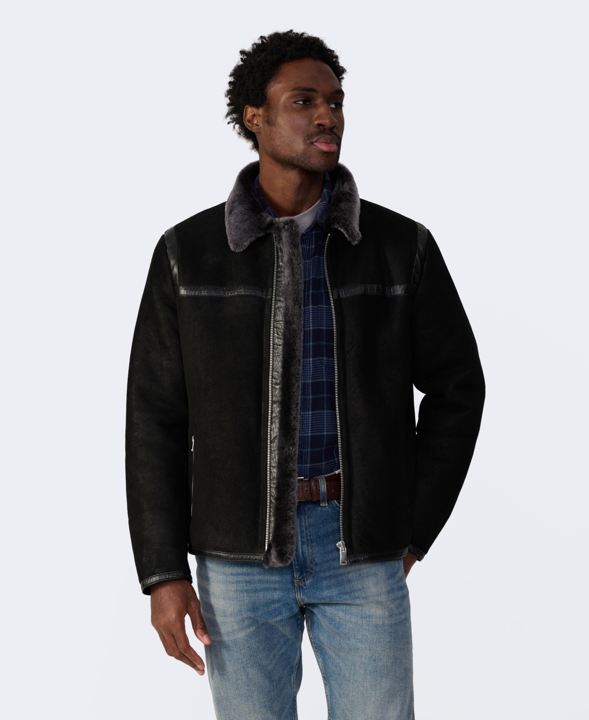 Furniq Uk Men's Leather Banded Sheepskin Casual Jacket, Washedwith Brisa Wool - Black