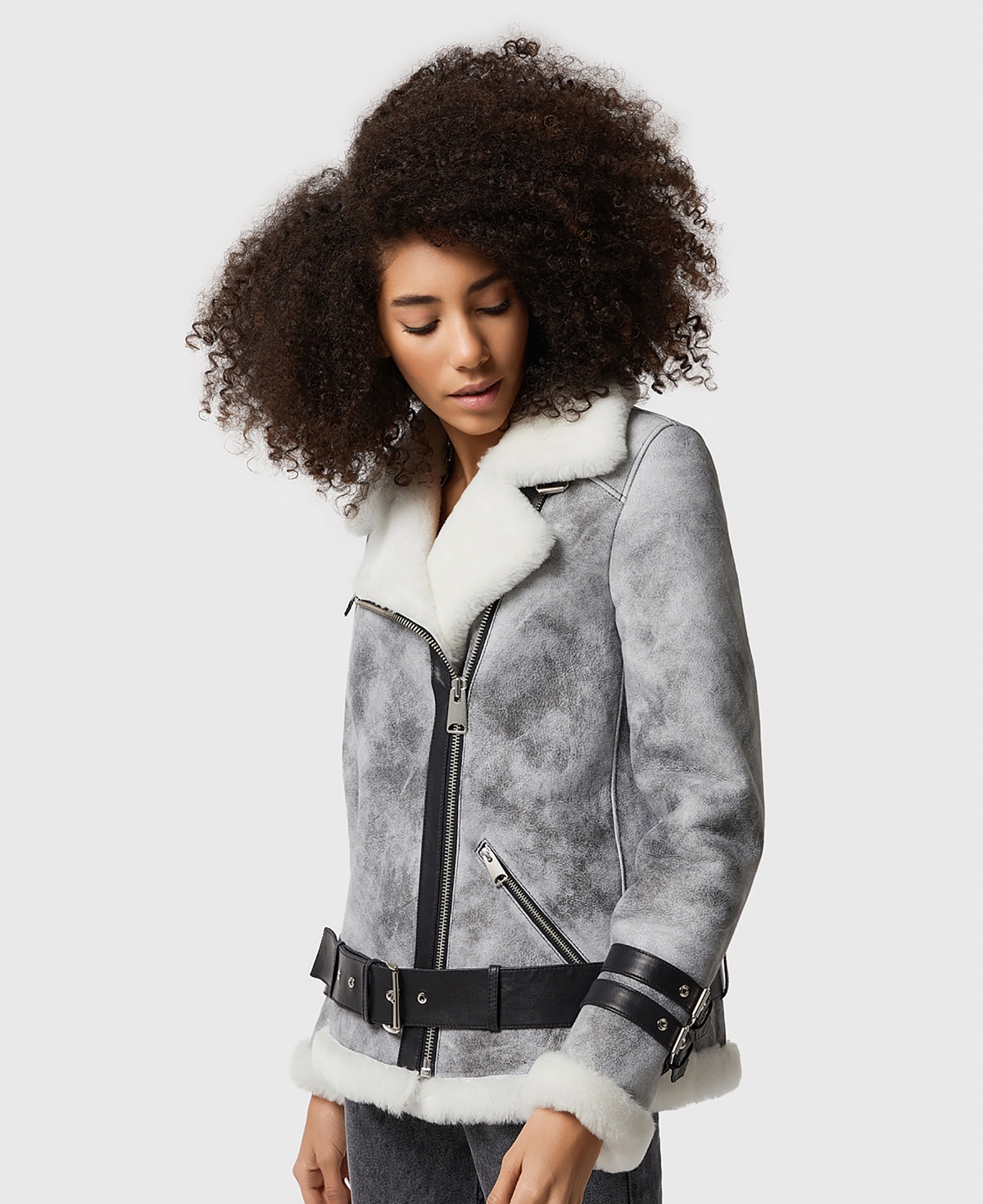 Furniq Uk Women's Shearling Belted Biker Jacket, Natural Dyingwith White Wool - Grey
