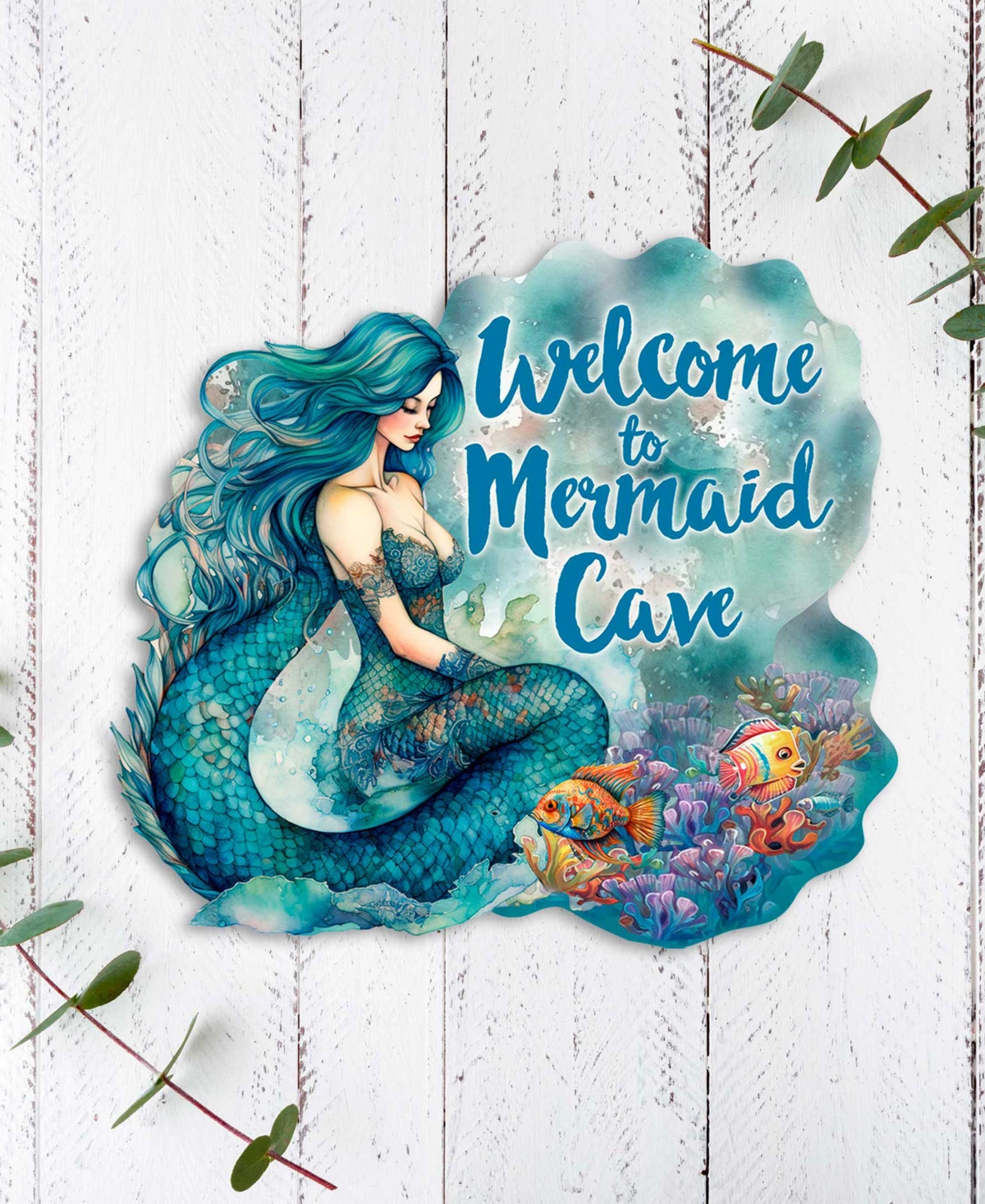 Designocracy Holiday Door Decor Wooden Welcome Sign Welcome To Mermaid Cave G. Debrekht In Multi Color