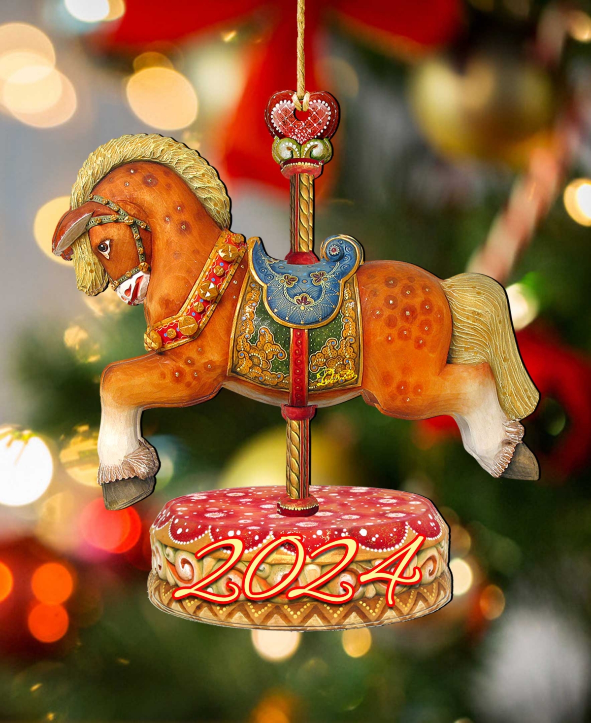 Designocracy 2024 Dated Carousel Horse Christmas Wooden Ornaments Holiday Decor Set Of 2 G. Debrekht In Multi Color