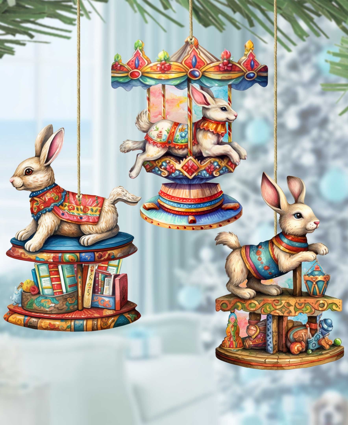 Designocracy Carousel Bunnies Christmas Wooden Ornaments Holiday Decor Set Of 3 G. Debrekht In Multi Color
