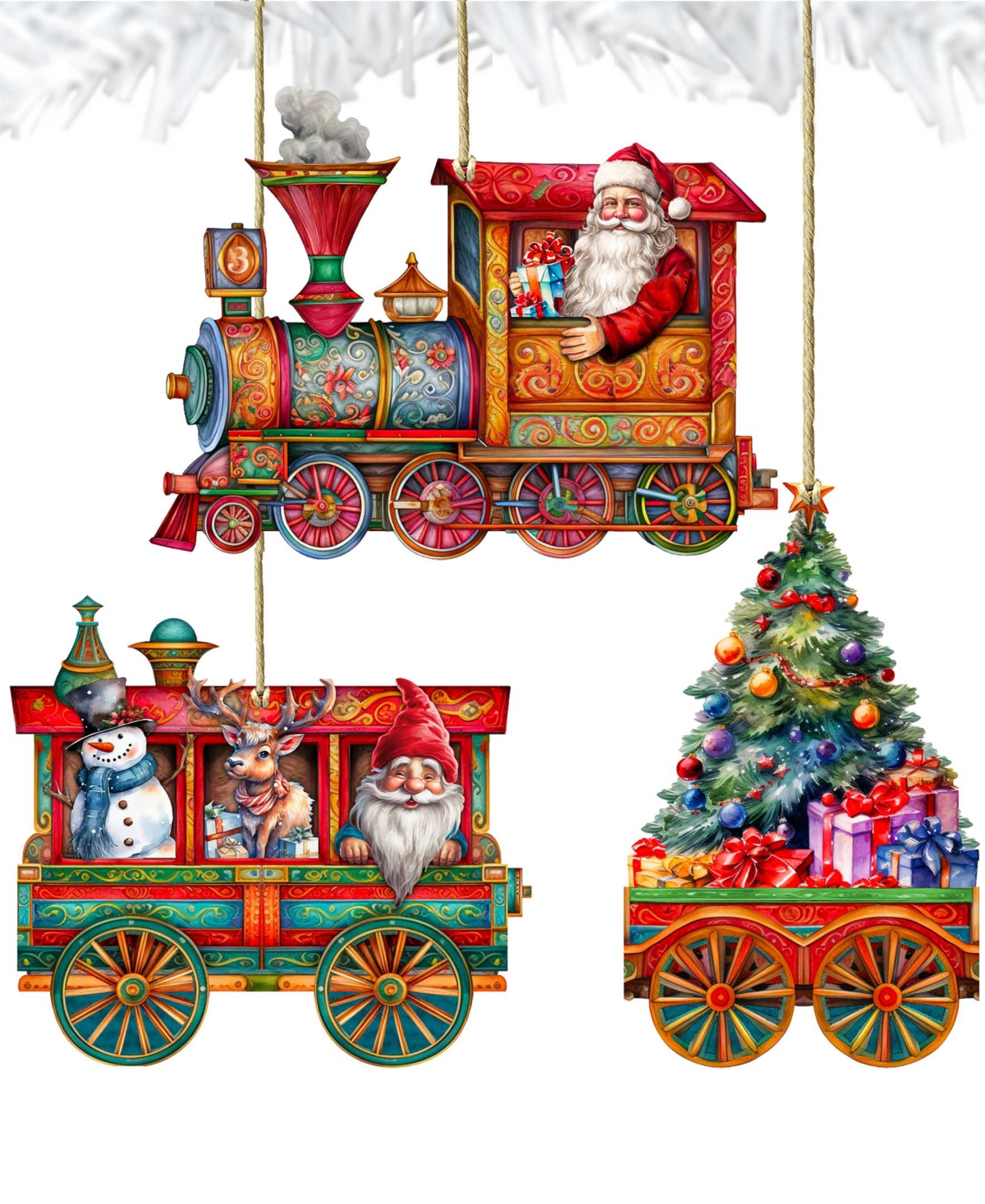 Designocracy Santa's Train Christmas Wooden Ornaments Holiday Decor Set Of 3 G. Debrekht In Multi Color
