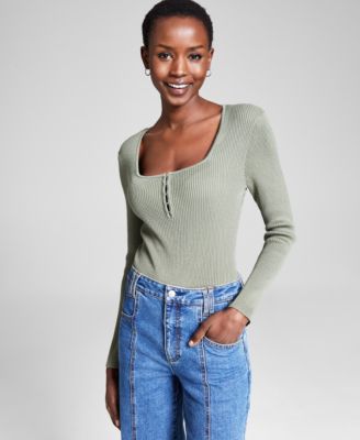 And Now This - Women's Square-Neck Ribbed Sweater-Knit Long-Sleeve Bodysuit