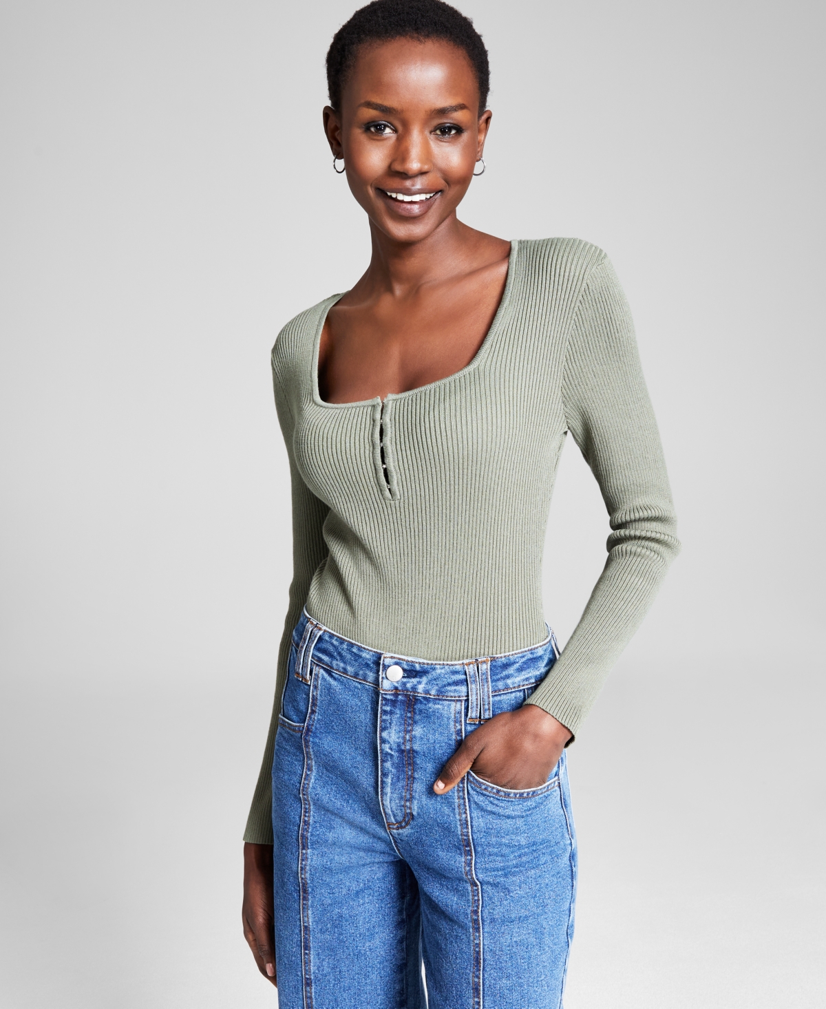 And Now This Women's Square-neck Ribbed Sweater-knit Long-sleeve Bodysuit, Created For Macy's In Crushed Oregano