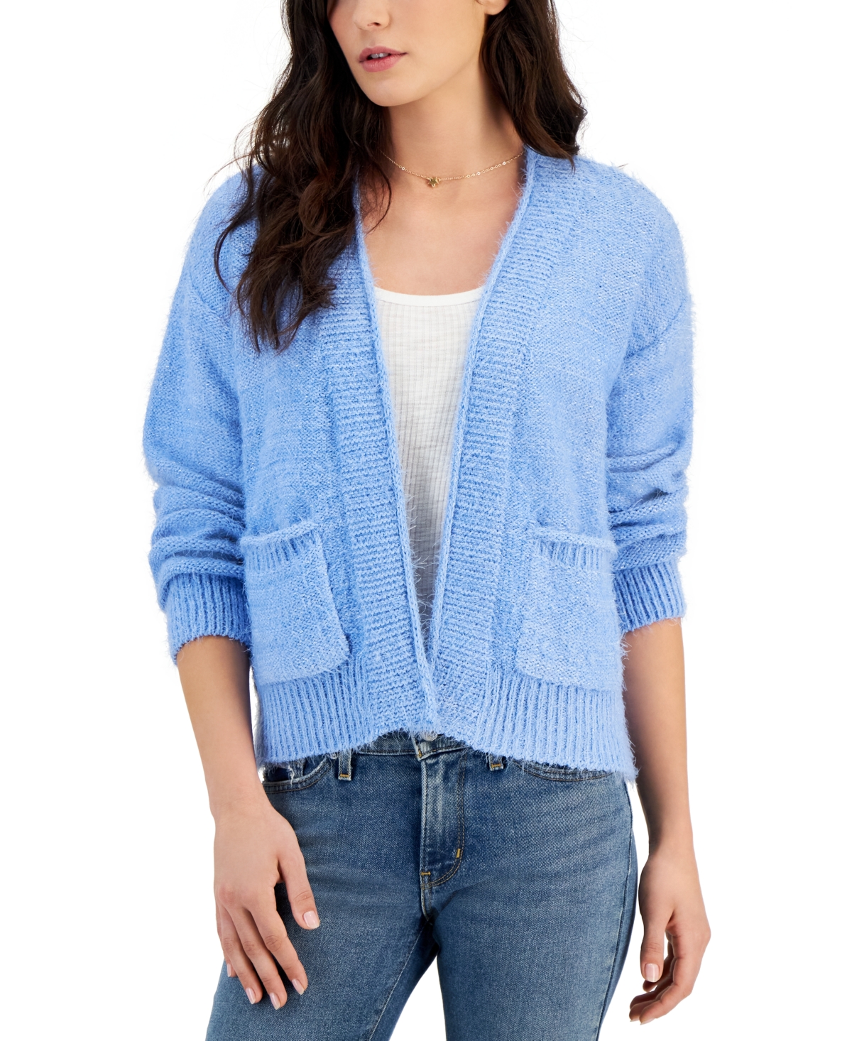 Hooked Up By Iot Juniors' Open-front Lurex Eyelash-knit Cardigan In Cornflower Blue