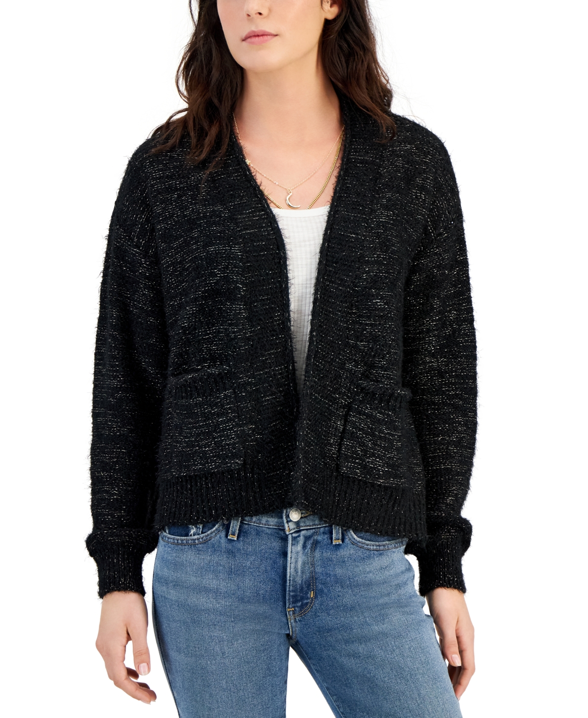 Hooked Up By Iot Juniors' Open-front Lurex Eyelash-knit Cardigan In Black