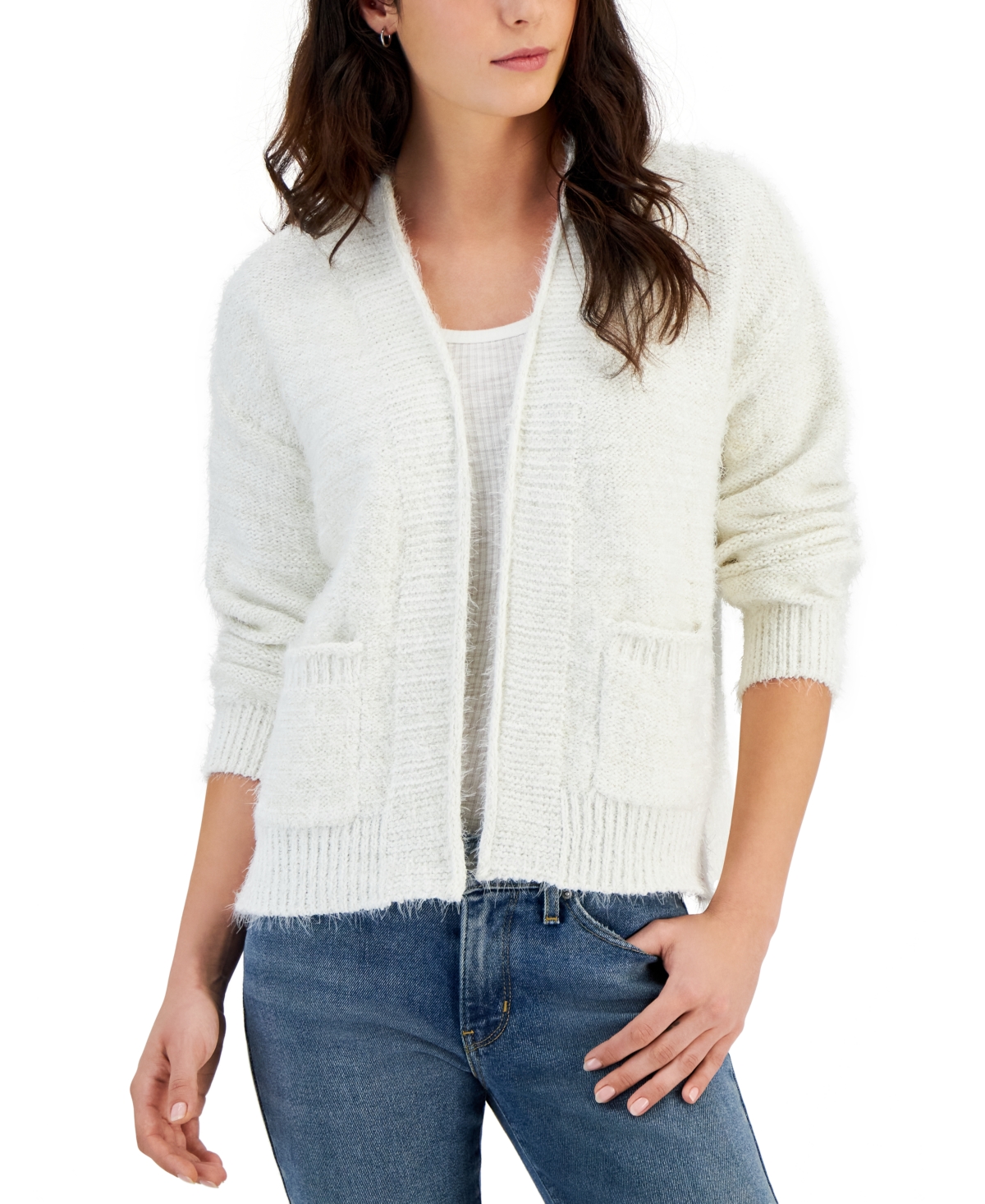 Hooked Up By Iot Juniors' Open-front Lurex Eyelash-knit Cardigan In White