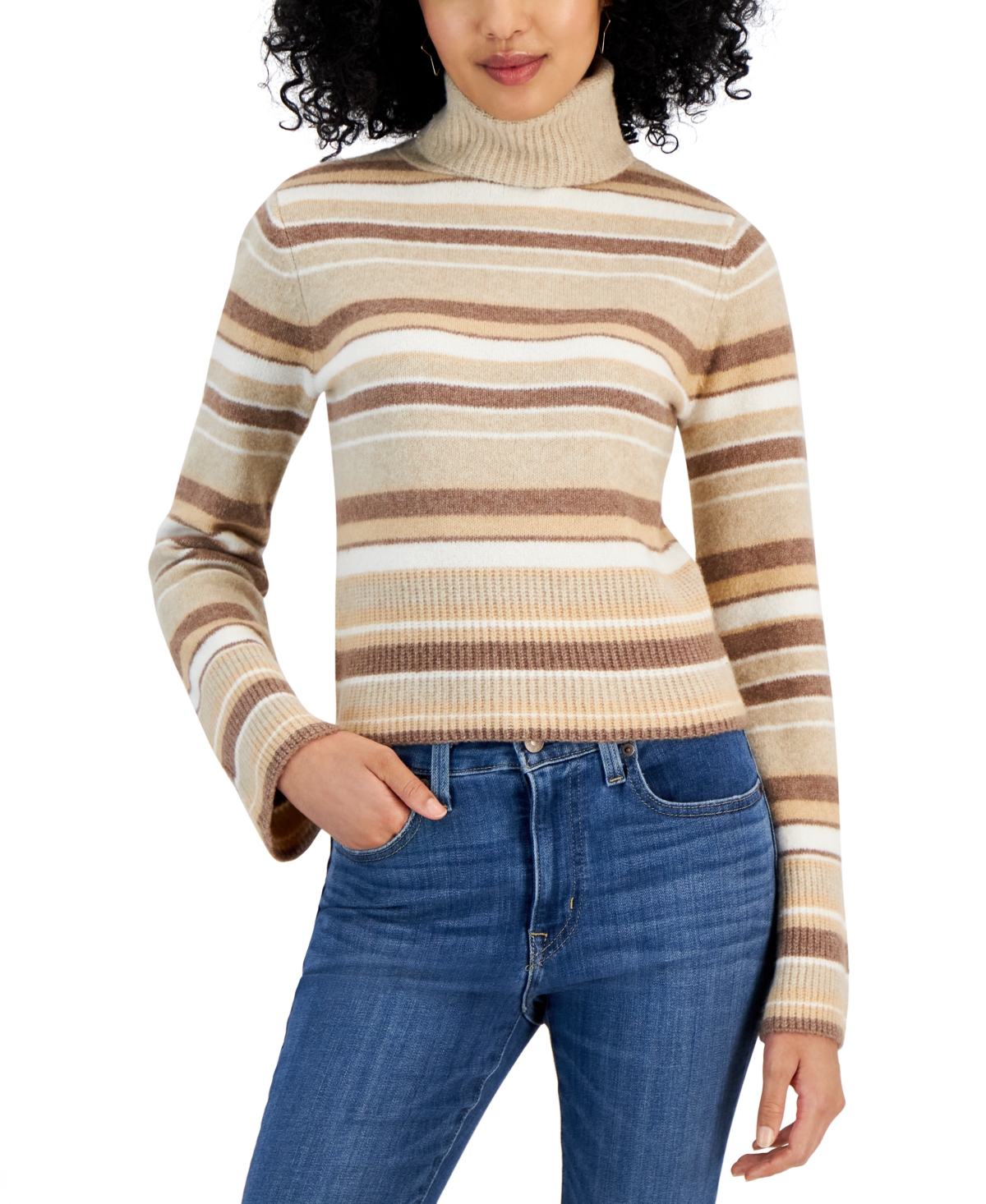 Juniors' Striped Turtleneck Sweater - Tan Combo