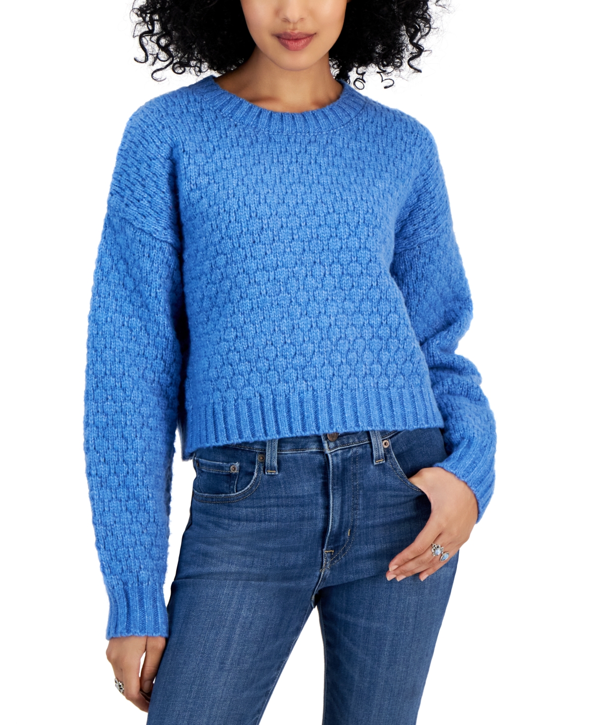 Pink Rose Juniors' Bubble-knit Crewneck Sweater In Holiday Blue