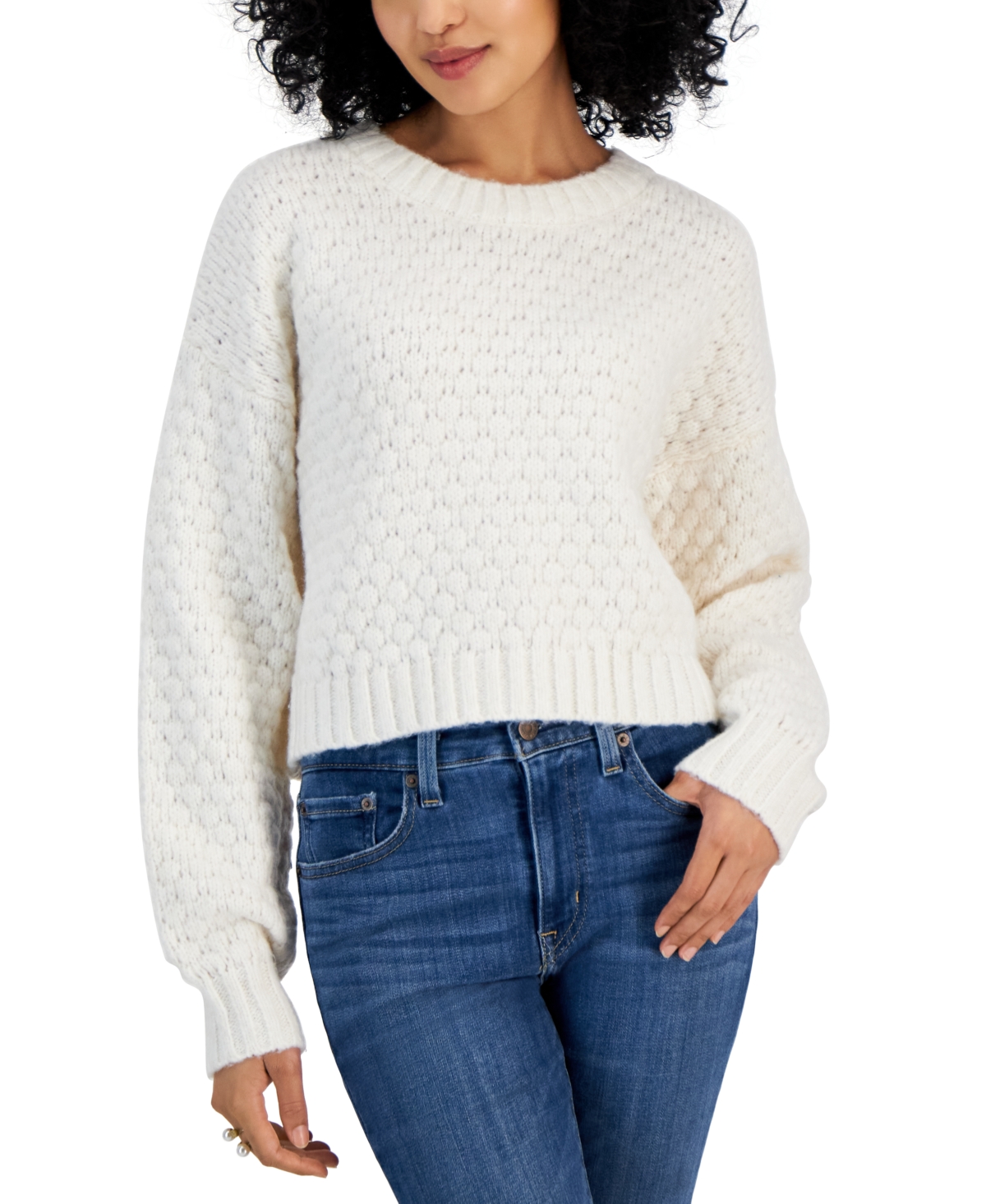 Pink Rose Juniors' Bubble-knit Crewneck Sweater In Blizzard White