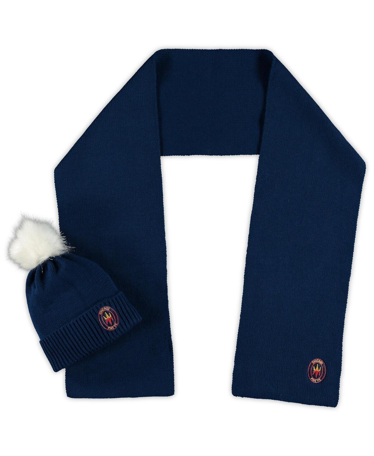 Shop Zoozatz Women's  Chicago Fire Fuzzy Cuffed Pom Knit Hat And Scarf Set In Navy