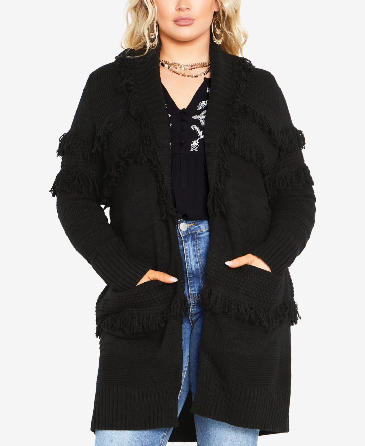 Avenue Plus Size Shaylee Fluffy Knit Coatigan Sweater In Black