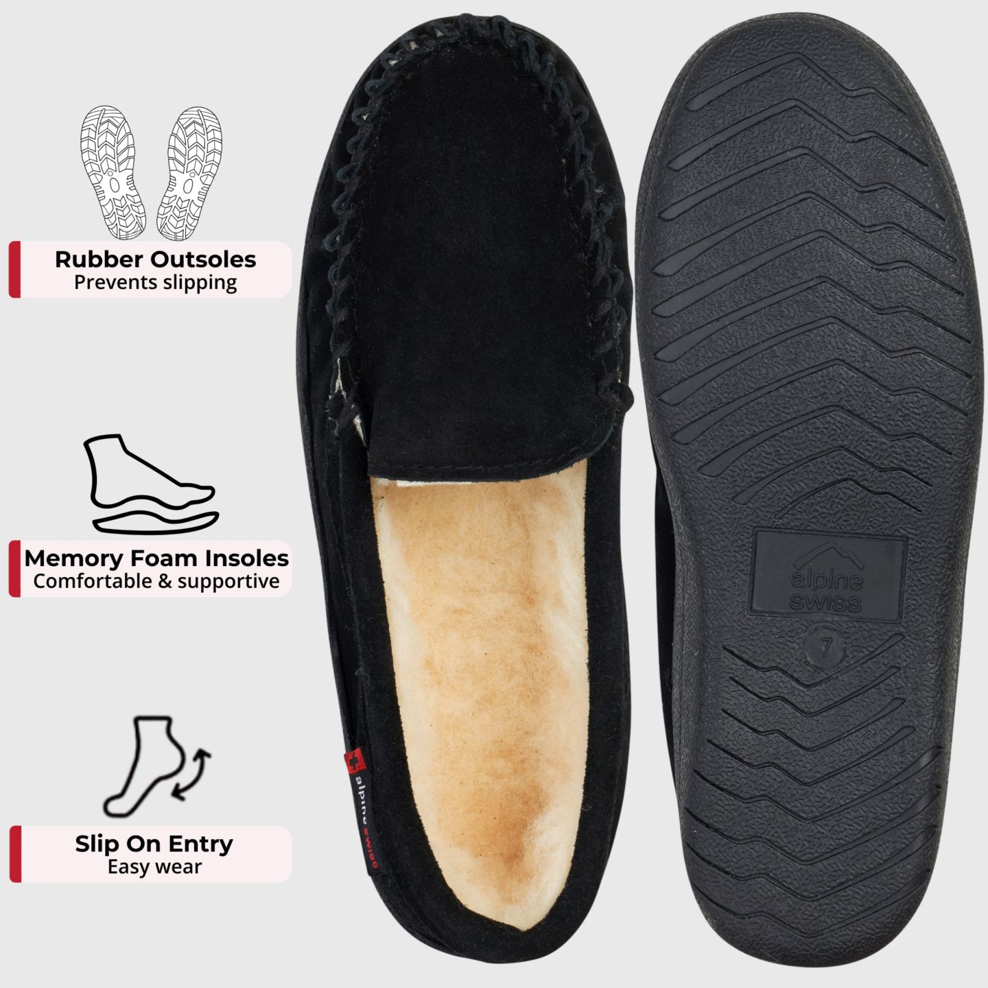 Мужские тапочки Alpine Swiss Moccasin Slippers Genuine Suede House Shoe Memory Foam Insole Plush Faux Shearling Lining Comfy Indoor Outdoor Anti-Slip Rubber Sole, цвет: Чёрный — фото 2