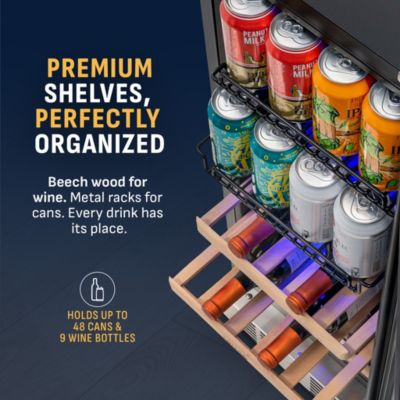 15" Premium Built-in Dual Zone 9 Bottle and 48 Can Wine and Beverage Fridge in Stainless Steel with SplitShelf