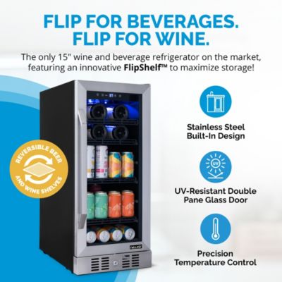 15" FlipShelf Wine and Beverage Refrigerator, Reversible Shelves Hold 80 Cans or 33 Bottles, Stainless Steel & Double-Layer Tempered Glass Door, Quiet Compressor Cooling, Compact Wine Cellar, Built-in Counter or Freestanding Fridge for Reds