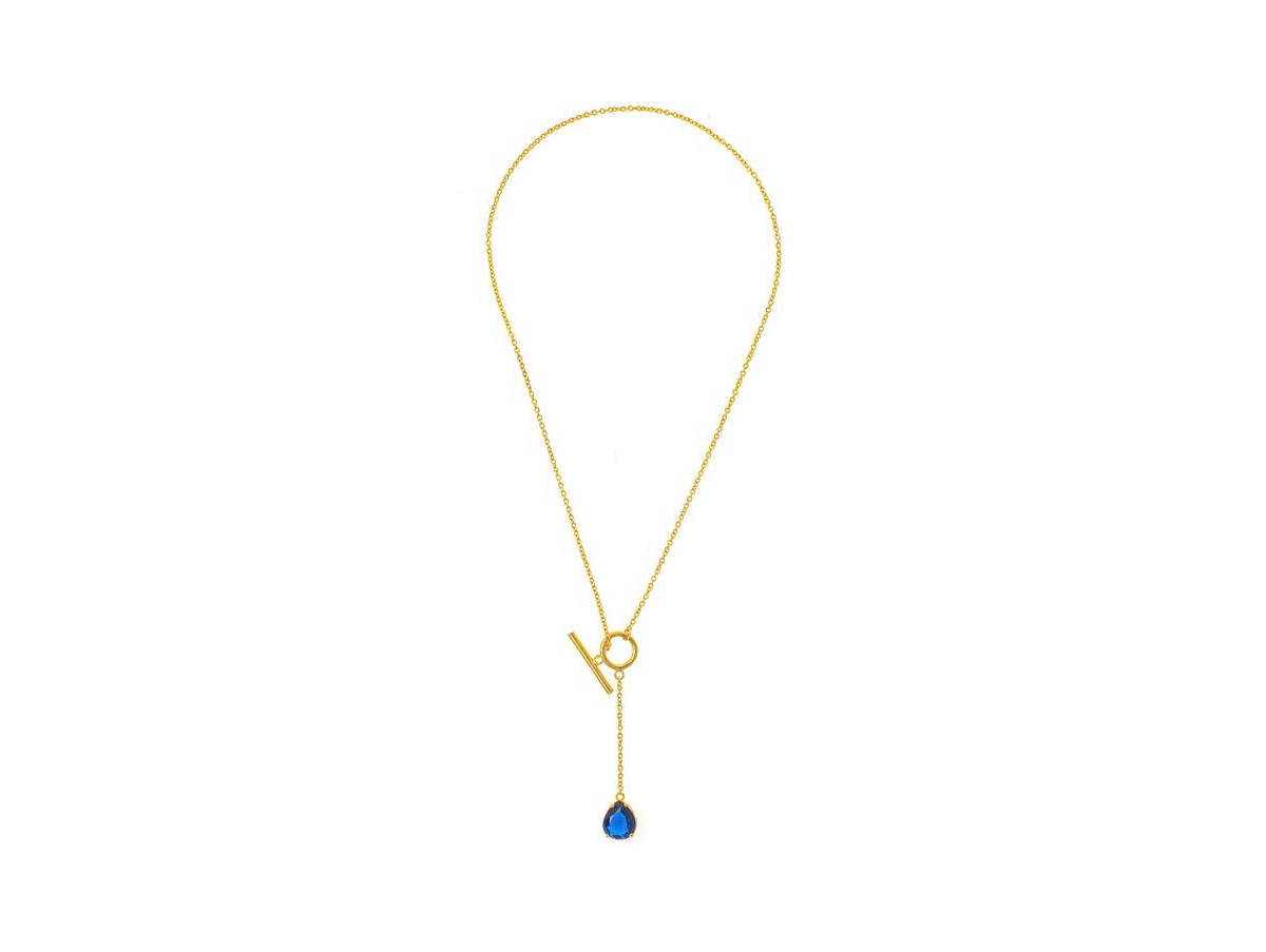 Poppy Crystal Teardrop Toggle Lariat Necklace - Gold with blue crystal
