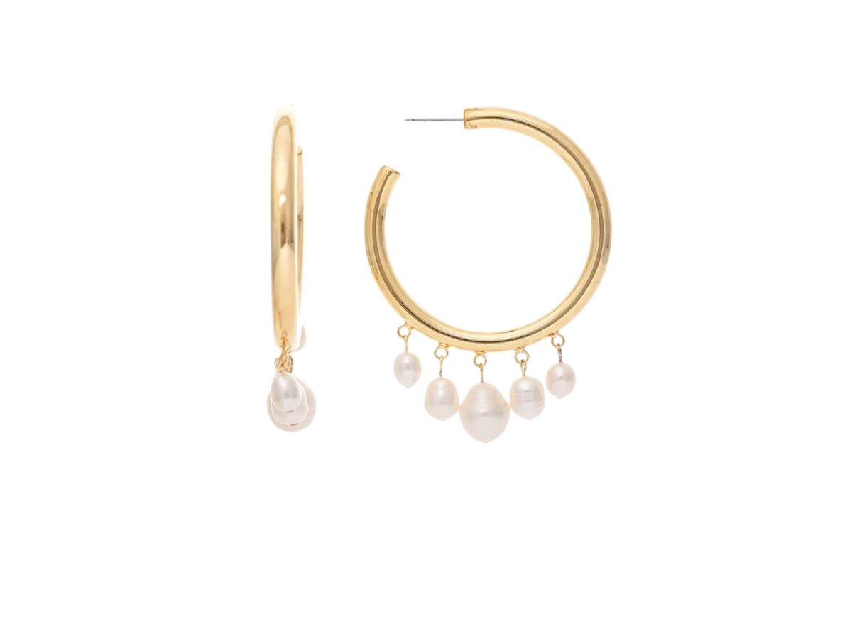 Pearl Dangle Hoop Earrings - Gold with white pearl