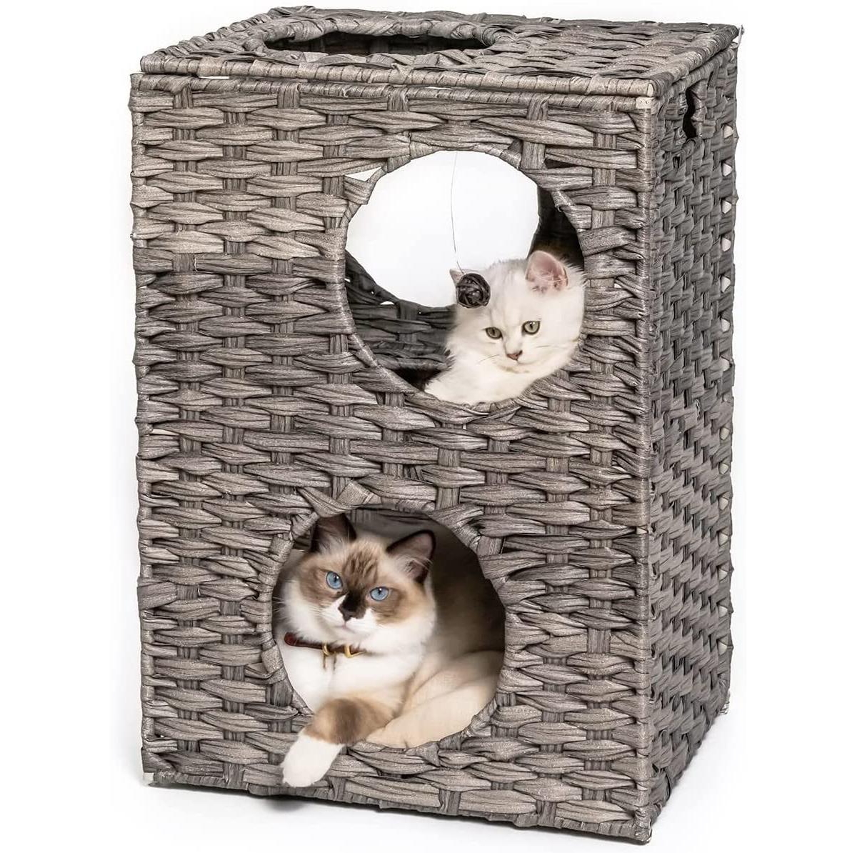 Cat House - Wicker Cat Bed for Indoor Cats - Woven Rattan Cat Condos - Outdoor Pet Furniture - Grey