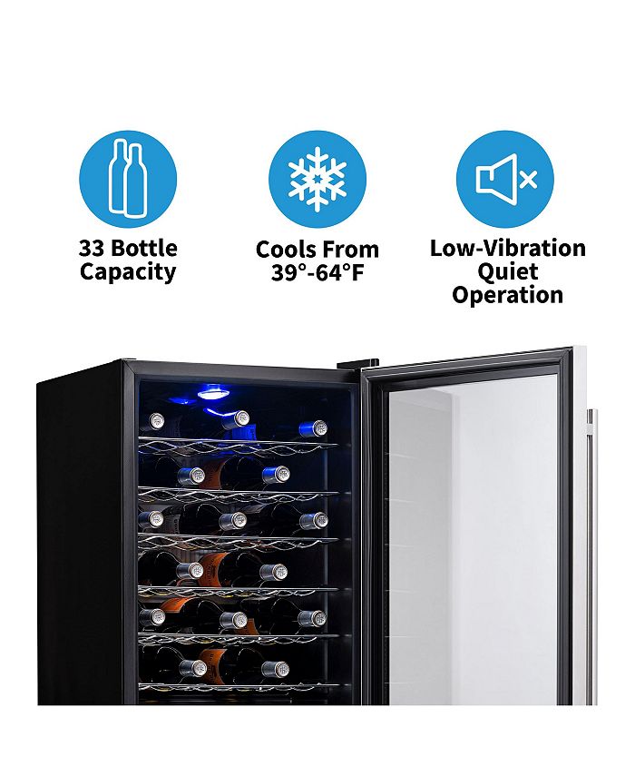 Newair Freestanding 33 Bottle Compressor Wine Fridge in Stainless Steel, Adjustable Chrome Racks