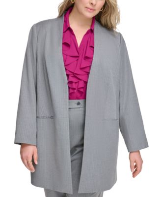 Calvin Klein - Plus Size Collarless Open-Front Pinstriped Blazer
