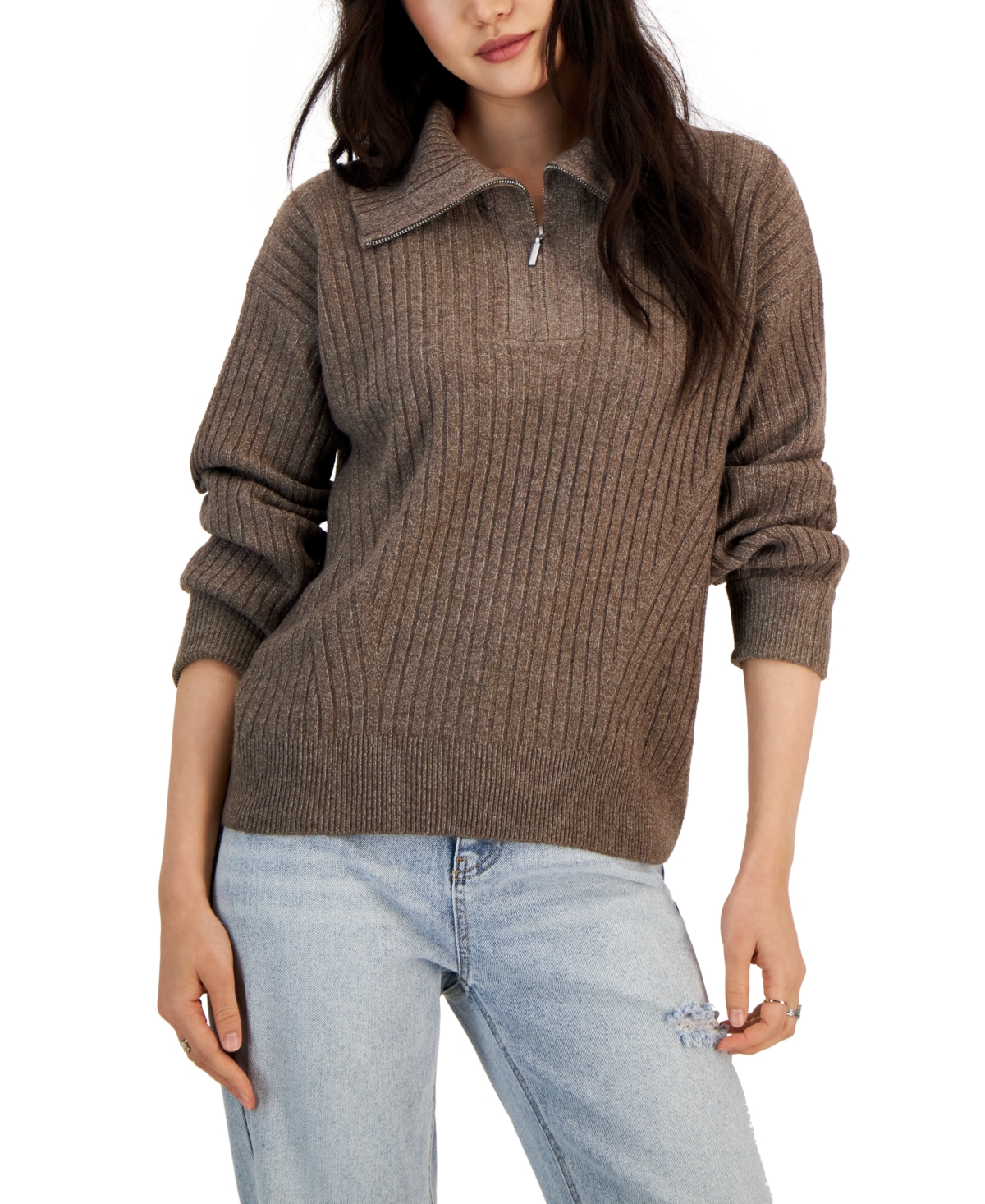 Hooked Up By Iot Juniors' Rib-knit Half-zip Sweater In Brown Lentil