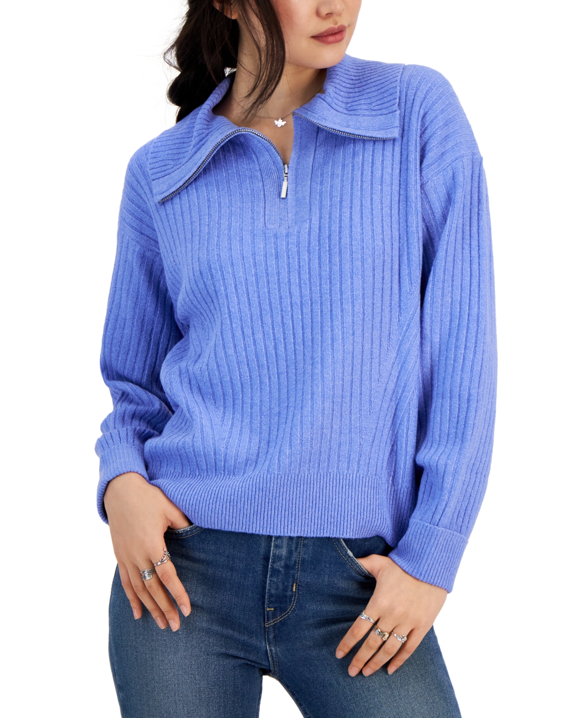 Hooked Up By Iot Juniors' Rib-knit Half-zip Sweater In Cornflower Blue