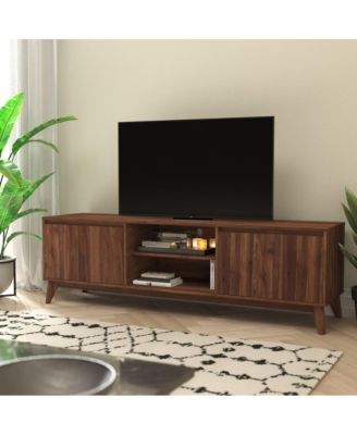Beverly Mid-Century Modern Wooden Tv Stand With Soft Close Doors, Shelf, Cord Management Hole And Tapered Legs
