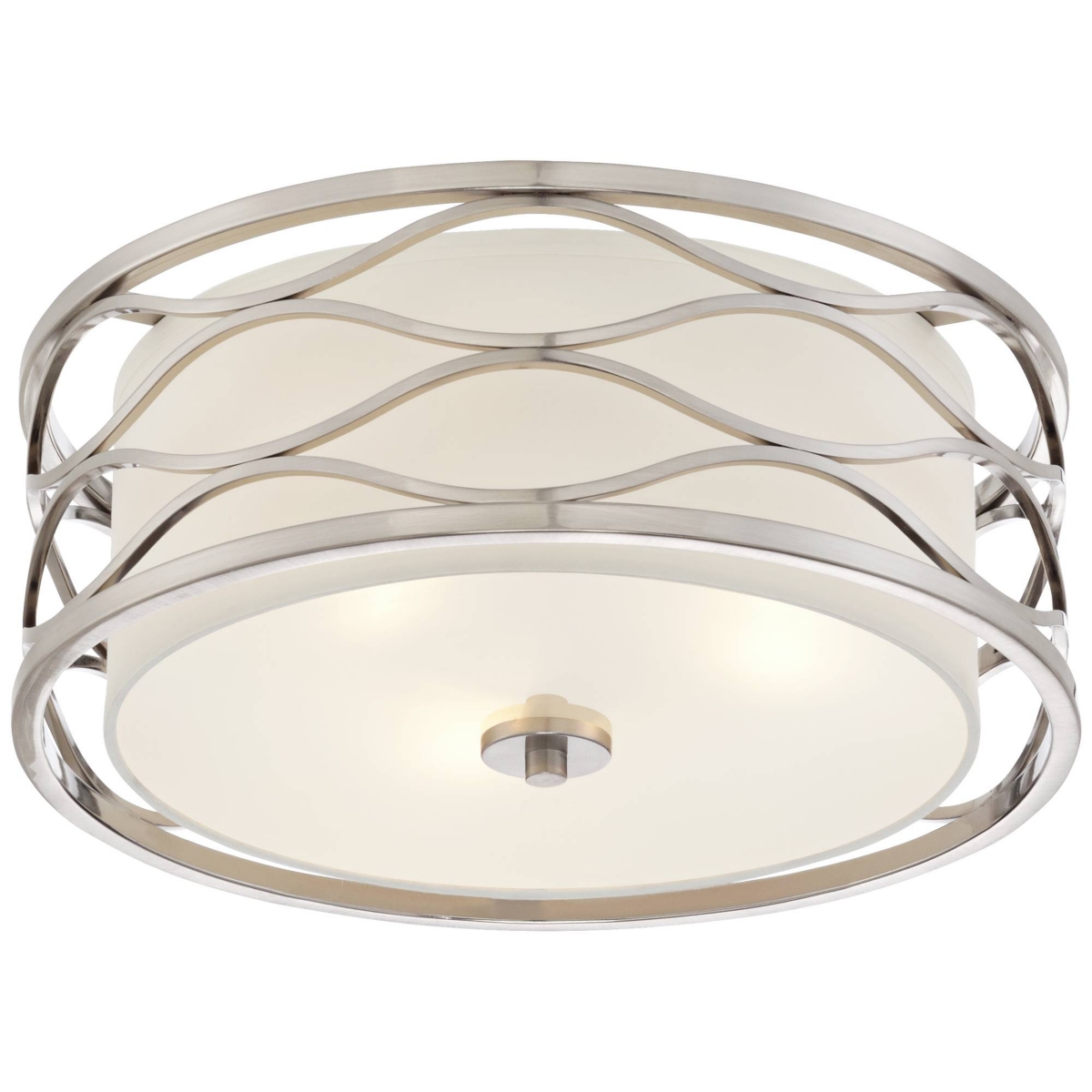 Possini Euro Design Austen Modern Ceiling Light Flush Mount Fixture Wide Brushed Nickel Wavy Frame White Fabric Drum Shade for Bedroom Kitchen Liv