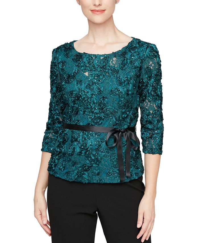 Alex Evenings Women s 3 4 Sleeve Belted Rosette Blouse Macy s